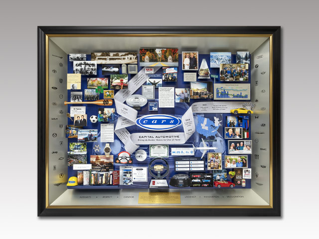 Shadow box collage for Capital Automotive CEO tribute in rectangular frame
